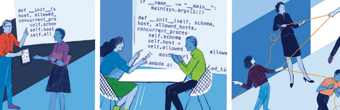 The Detriments of Working in Walled Environments Graphic depiction of teams working in walled environments