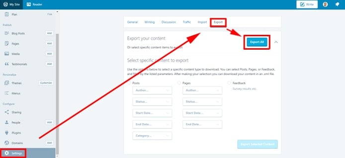 Screenshot showing how to export content from WP.com