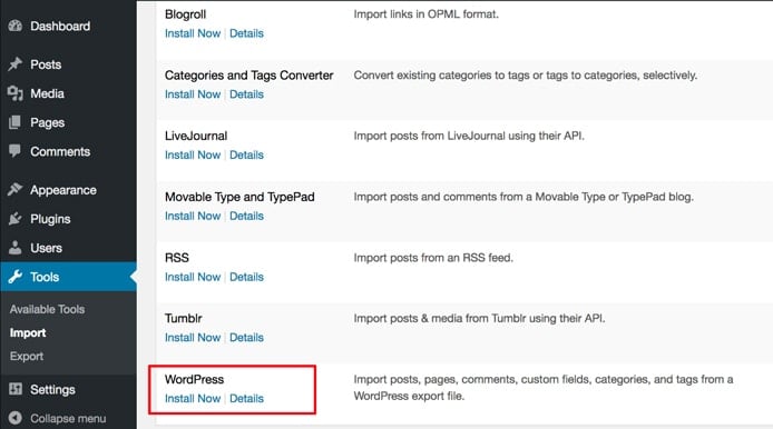 Screenshot showing how to import WP.com content