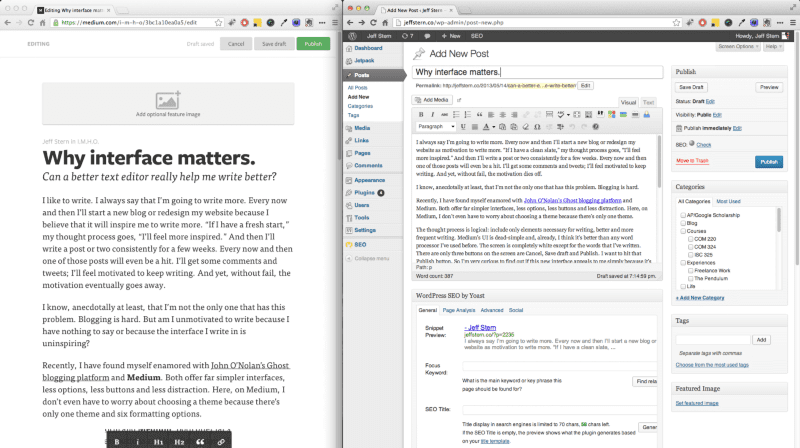 Screenshots of Medium and WordPress interfaces Screenshots of Medium and WordPress interfaces