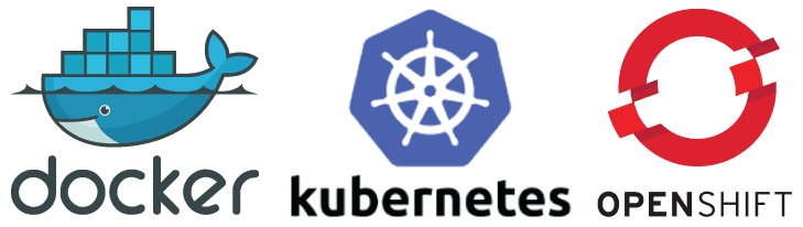 Docker, Kubernetes, and OpenShift logos