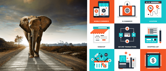 Collage of a picture of an elephant and multiple eCommerce buttons Collage of a picture of an elephant and multiple eCommerce buttons