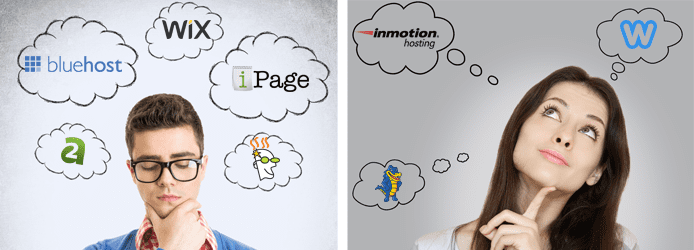 Collage of a man and women with thought bubbles containing host logos around their heads Collage of a man and women with thought bubbles containing host logos around their heads