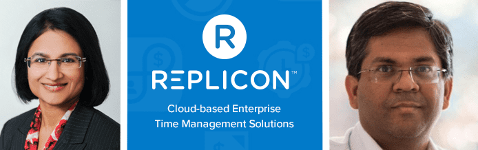 Collage of Raj Narayanaswamy and Lakshmi Raj's headshots and Replicon logo Collage of Raj Narayanaswamy and Lakshmi Raj's headshots and Replicon logo