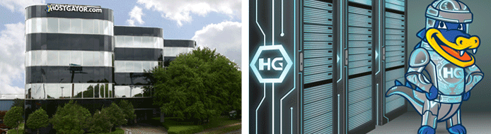 Collage of HostGator headquarters, servers, and mascot