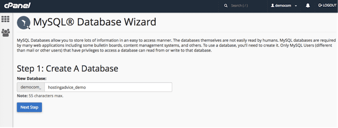 screenshot of MySQL Database Wizard