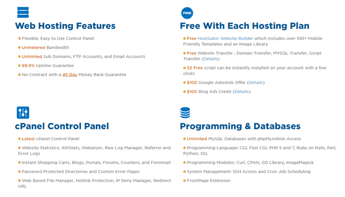 Screenshot of HostGator hosting features