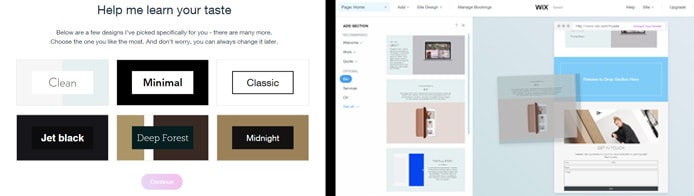 Screenshots of Wix ADI and site builder