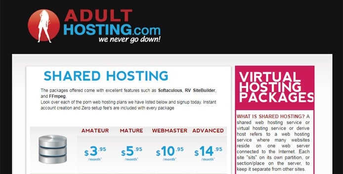 Screenshot of AdultHosting.com shared hosting price tables