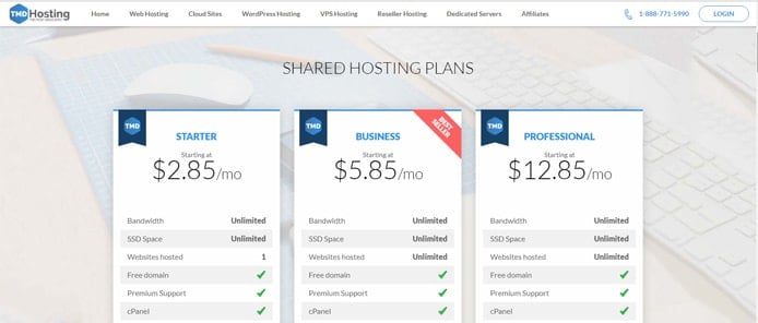 Screenshot of TMDHosting shared hosting price tables