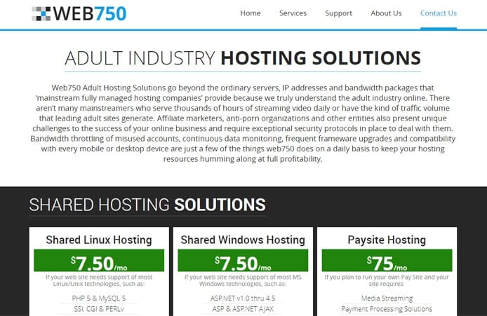 Screenshot of Web750 shared hosting price tables