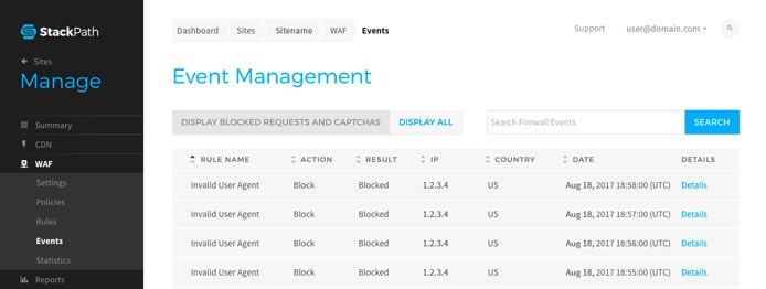Screenshot of the StackPath web application firewall user interface Screenshot of the StackPath web application firewall user interface
