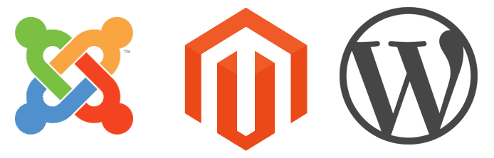 Joomla, Magento, and WordPress logos Joomla, Magento, and WordPress logos