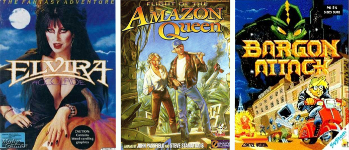 Photo of product boxes of Elvira, Amazon Queen, and Bargon Attack games Photo of product boxes of Elvira, Amazon Queen, and Bargon Attack games