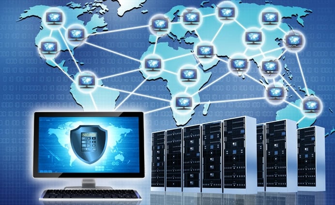 Graphic depicting servers, a PC, and internet connections around the world Graphic depicting servers, a PC, and internet connections around the world