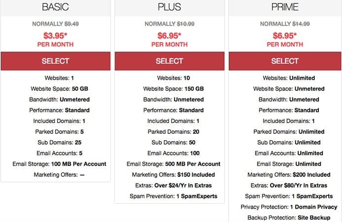 Screenshot of JustHost price tables Screenshot of JustHost price tables