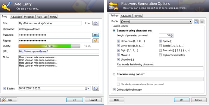 Screenshots of KeePass password generation Screenshots of KeePass password generation