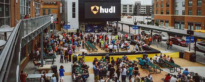 Image of employees outside Hudl headquarters Image of employees outside Hudl headquarters