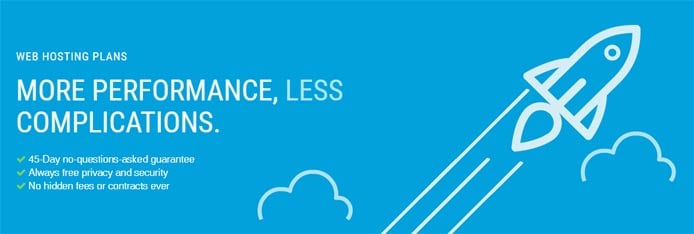 Promotional graphic with a rocket soaring through the clouds and the text "More Performance, Less Complications." Promotional graphic with a rocket soaring through the clouds and the text "More Performance, Less Complications."
