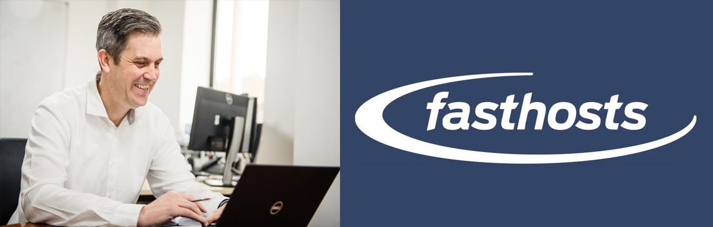 Fasthosts CEO Simon Yeoman and company logo Fasthosts CEO Simon Yeoman and company logo