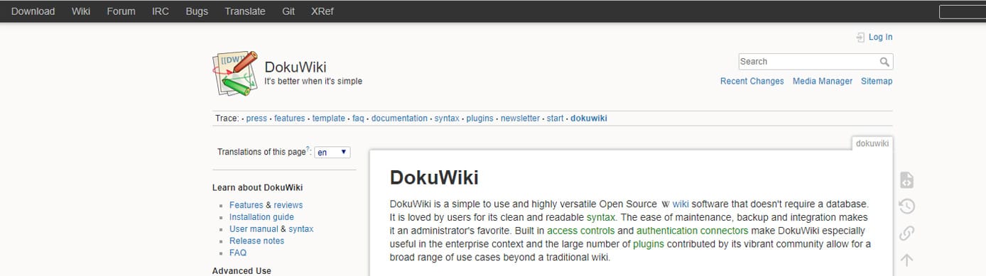 Screenshot of the DokuWiki site Screenshot of the DokuWiki site