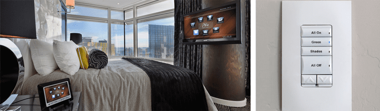 Collage of Control4 smart hotel room and controls Collage of Control4 smart hotel room and controls