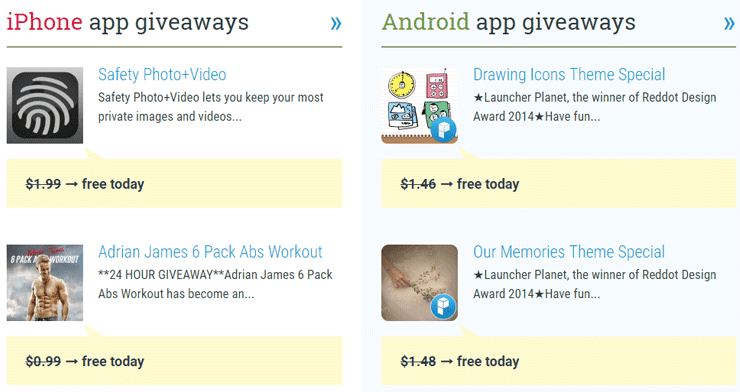 Screenshot of iPhone and Android app giveaways Screenshot of iPhone and Android app giveaways