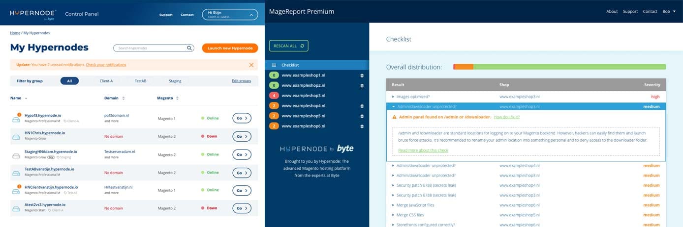 Screenshots of Hypernode control panel and MageReport Premium