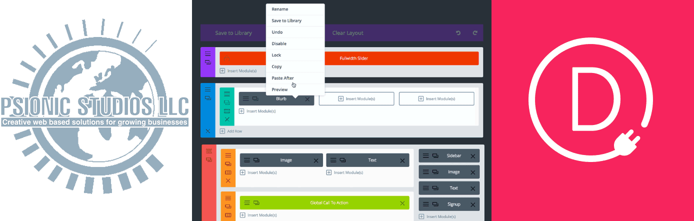 Psionic Studios logo with screenshot of Divi page builder and logo Psionic Studios logo with screenshot of Divi page builder and logo