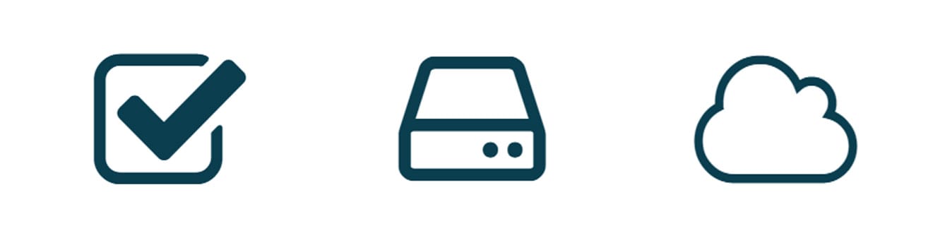 Icons depicting a check, file, and cloud Icons depicting a check, file, and cloud