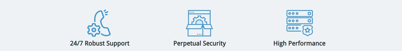 Logos representing support, security, and performance Logos representing support, security, and performance