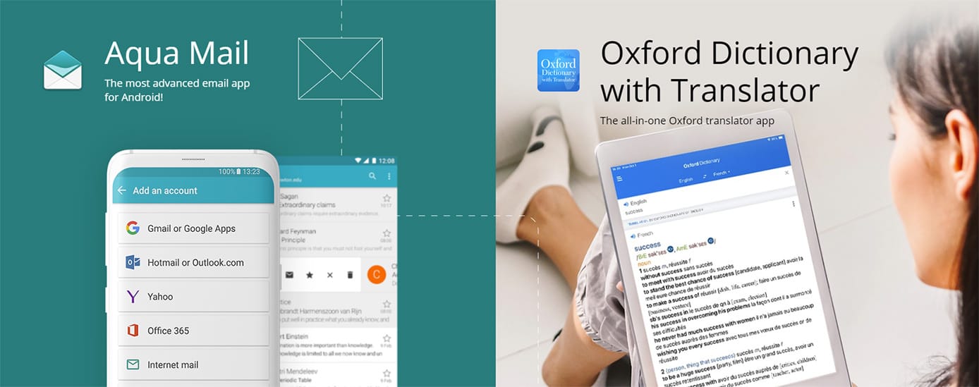 Logos depicting all of MobiSystem's apps Aqua Mail and Oxford Dictionary with Translator