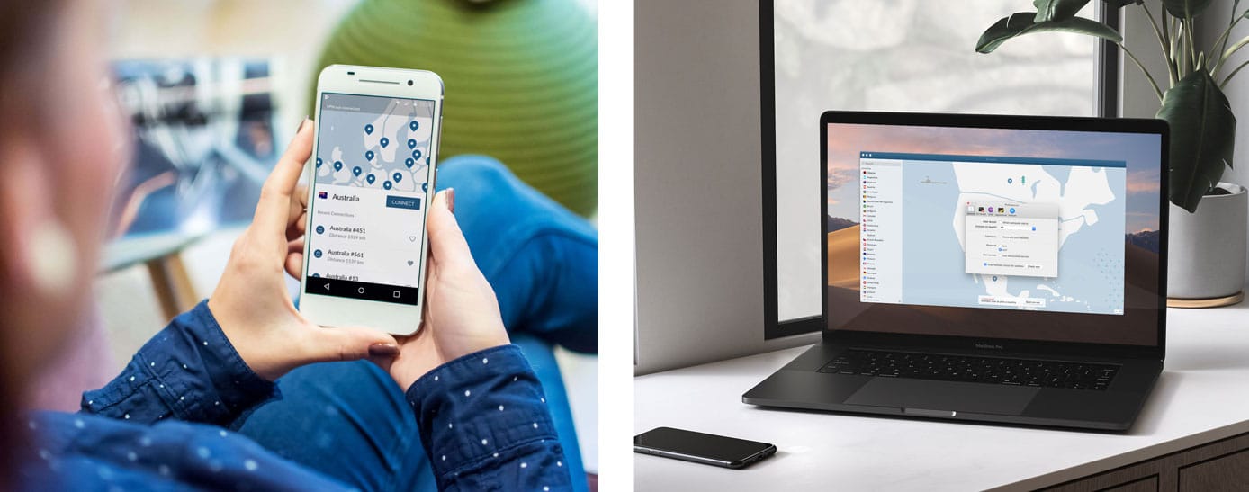A photo of a woman using NordVPN on a smartphone, and a computer with NordVPN open on the screen