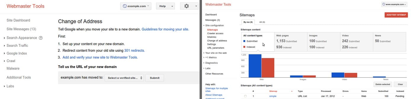 Screenshots of Google Webmaster Tools for new address and sitemaps Screenshots of Google Webmaster Tools for new address and sitemaps