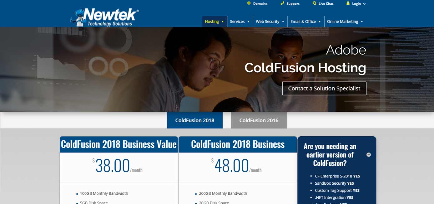 Screenshot of Newtek ColdFusion hosting page Screenshot of Newtek ColdFusion hosting page