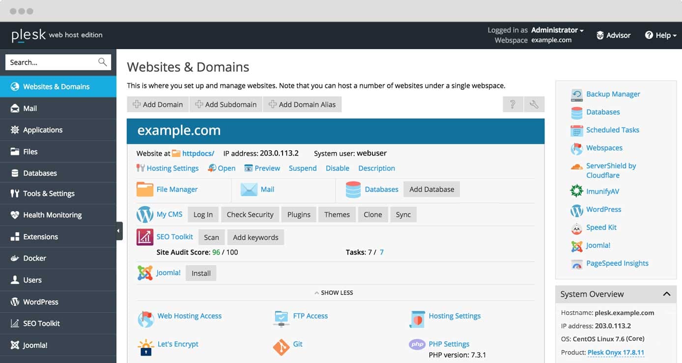 Screenshot of Plesk dashboard Screenshot of Plesk dashboard