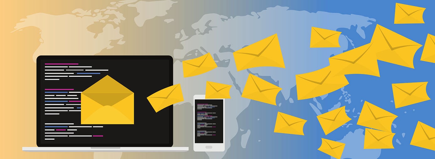 Illustration of a computer sending email around the world