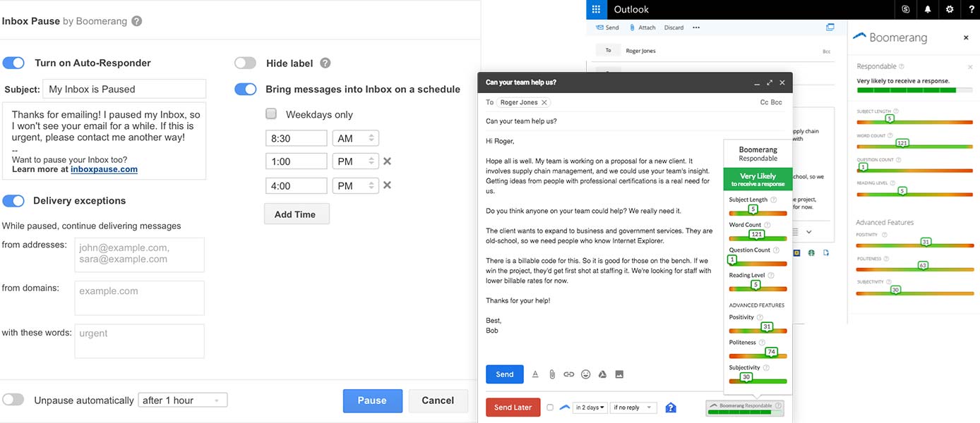 Screenshots of Inbox Pause and Respondable Screenshots of Inbox Pause and Respondable