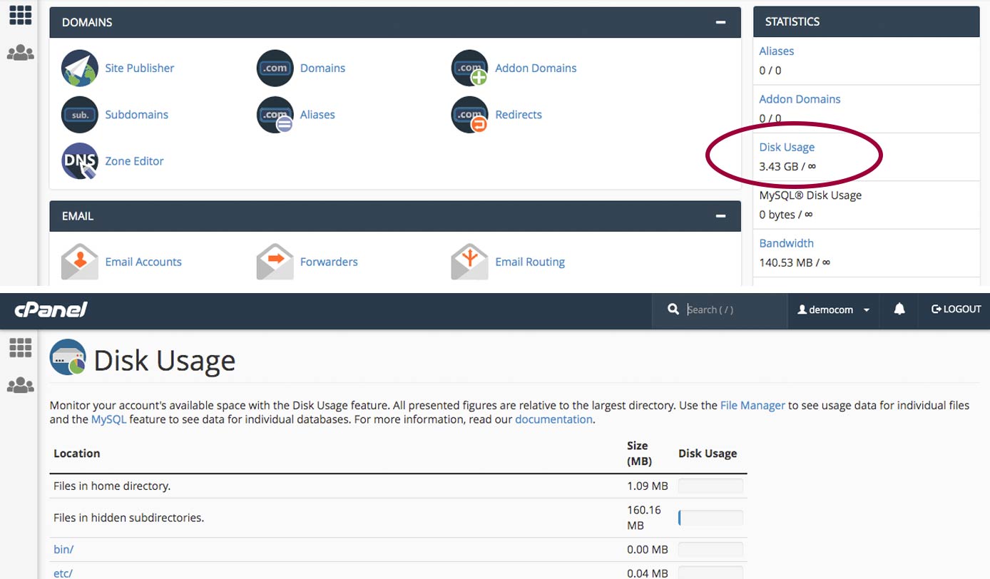 Screenshots of cPanel disk usage information Screenshots of cPanel disk usage information