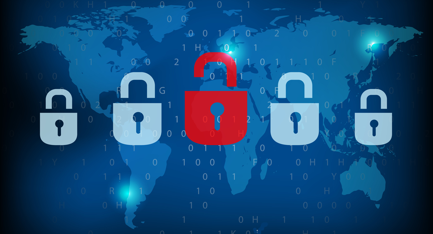 Five locks, one red, against a background world map Five locks, one red, against a background world map