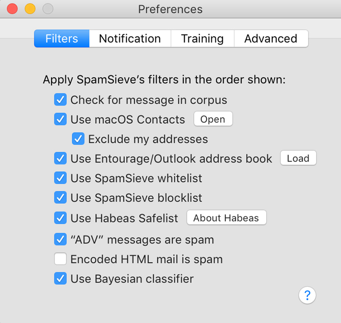 Screenshot of SpamSieve filtering preferences Screenshot of SpamSieve filtering preferences