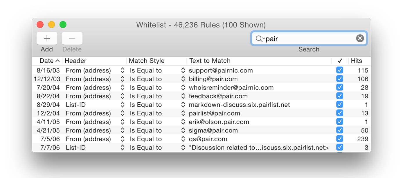 Screenshot of SpamSieve whitelist tool Screenshot of SpamSieve whitelist tool