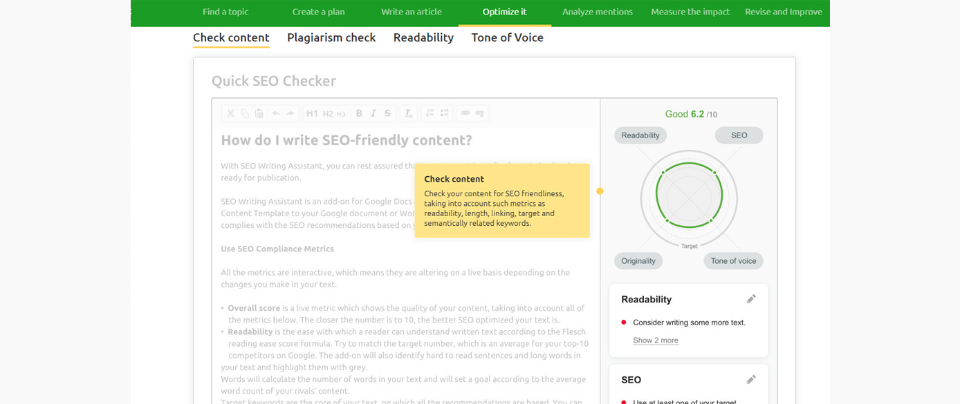 A screenshot of the SEO Writing Assistant A screenshot of the SEO Writing Assistant