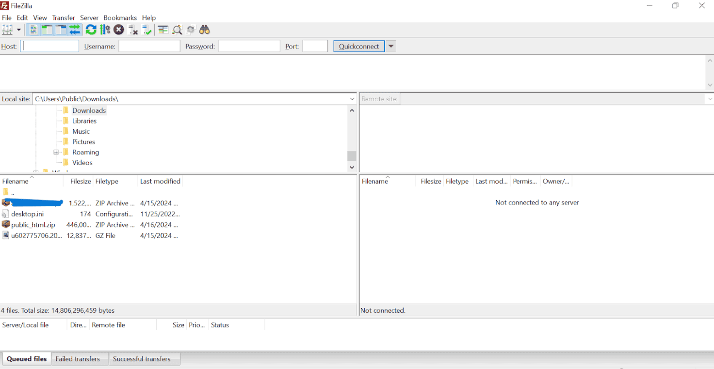 Screenshot of FileZilla file manager