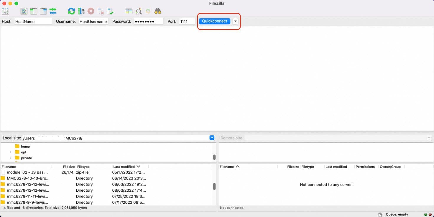 FileZilla interface with Quickconnect button highlighted in red.